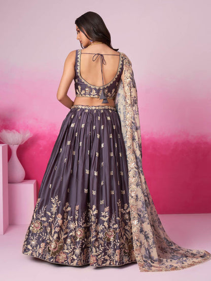 Women Purple Satin silk Sequins embroidery  Lehenga choli & Dupatta