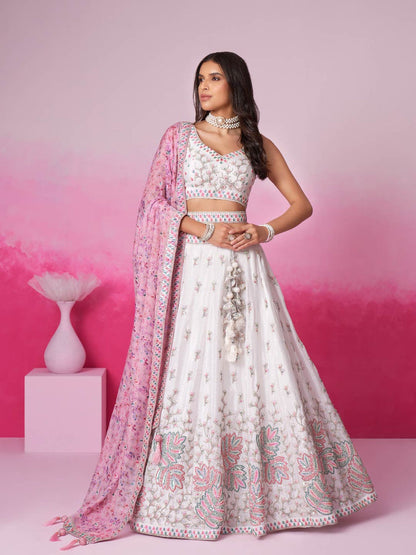 Women Cream Pure Chiffon Sequins and thread embroidery  Lehenga choli & Dupatta