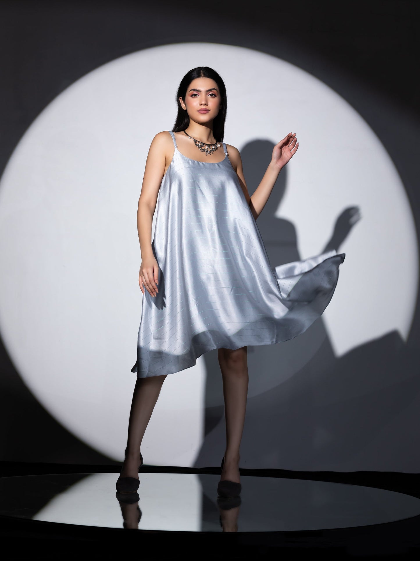Dhiyona ST Women's Grey Stripe Satin Dress with Pants and Organza Chiffon Dupatta 3 Piece Set | Straight Fit, Round Neck, Sleeveless, Pants, Partywear, (Satin Chiffon)