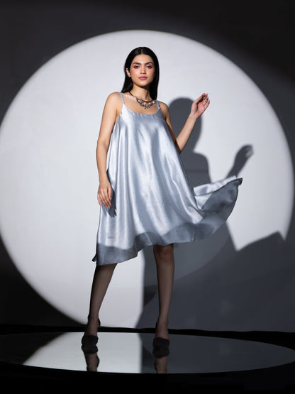 Dhiyona ST Women's Grey Stripe Satin Dress with Pants and Organza Chiffon Dupatta 3 Piece Set | Straight Fit, Round Neck, Sleeveless, Pants, Partywear, (Satin Chiffon)