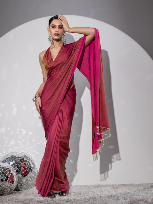 Dhiyona ST Treasure Paradise Satin Saree with Long Beads and Blouse Fabric