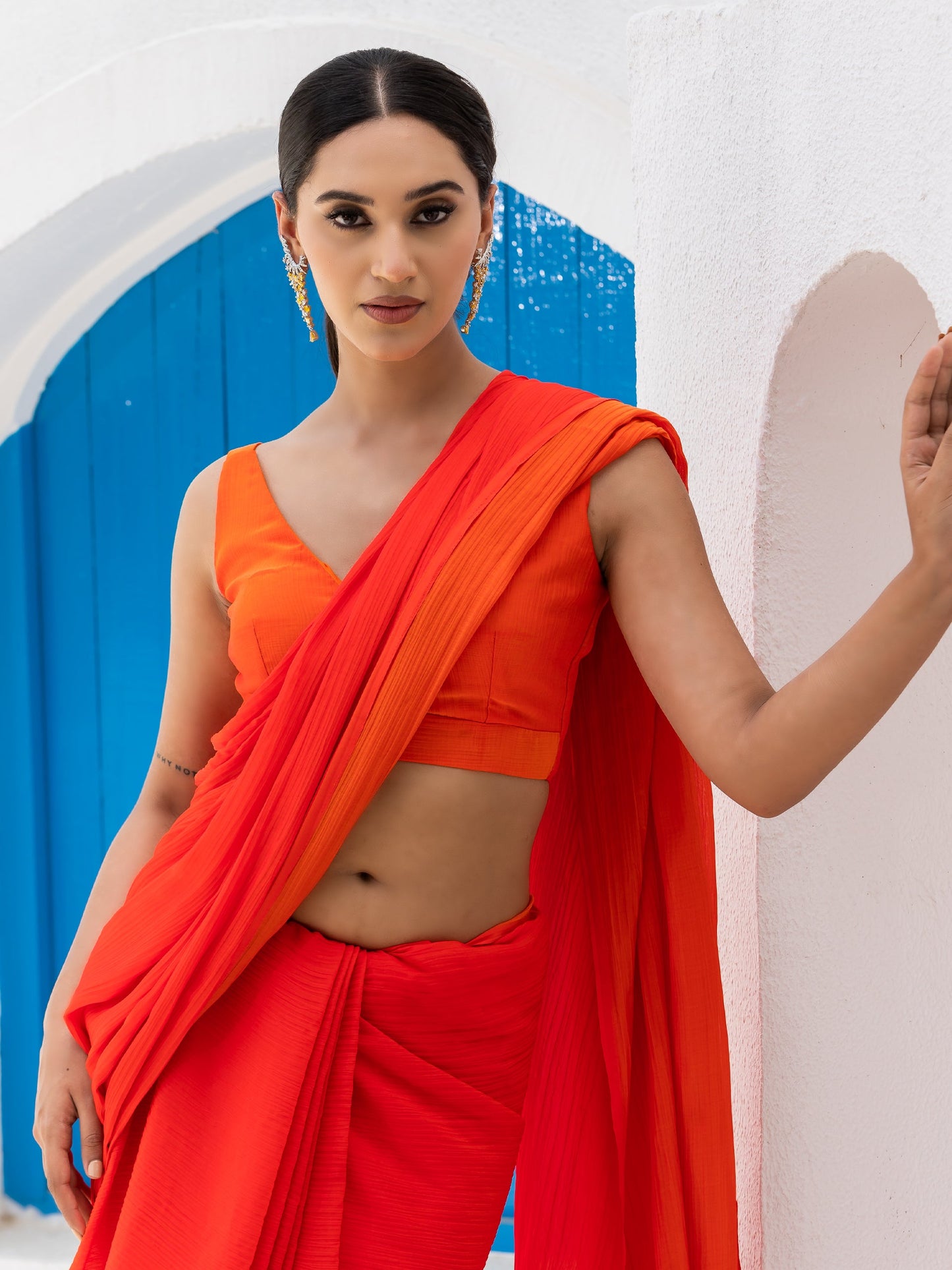Dhiyona ST Candy Orange Yellow Pure Chiffon Saree with Blouse Fabric