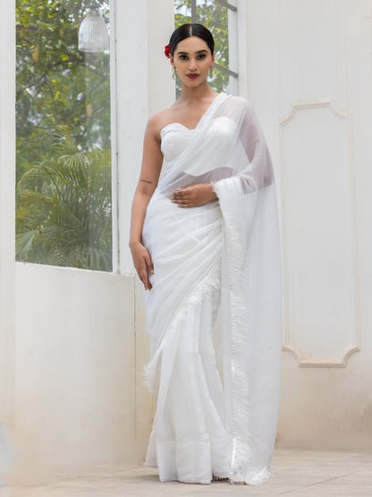 Dhiyona ST Gala Ready White Shimmer Saree with Faux Feathers and Blouse Fabric