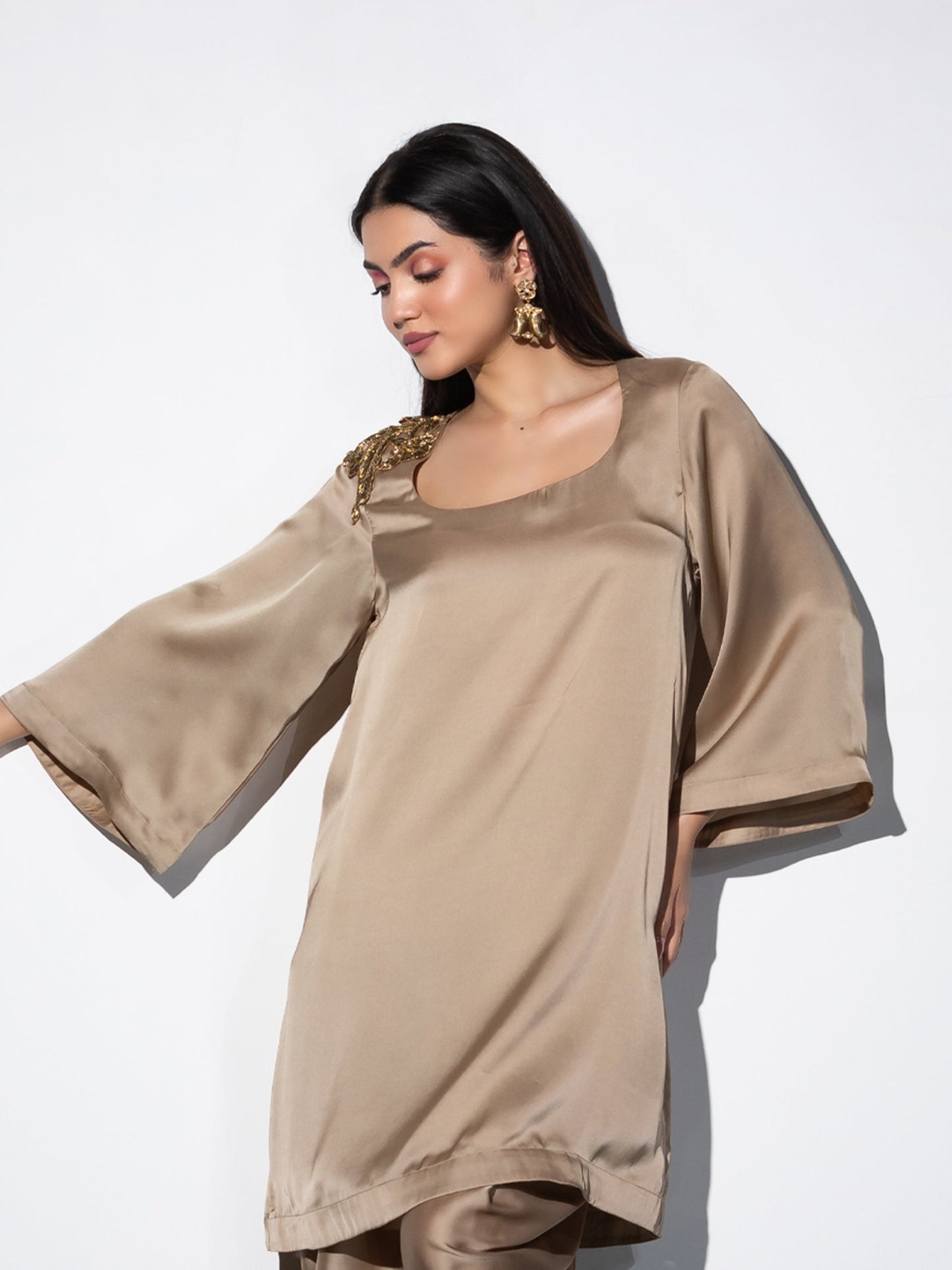 Dhiyona ST Women's Peanut Satin Short Kurta with Embellished Gold Patch on Shoulder 1 Piece | Straight Fit, U Neck, Full Sleeves, Festive Wear, (Satin)