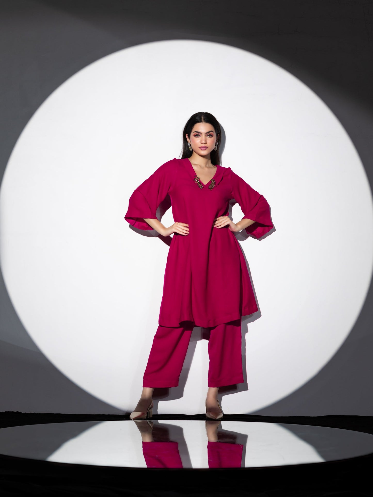 Dhiyona ST Women's Power Pink Korean Fabric Kurta Set with Glass Beads on Collar and Pants 2 Piece Set | Straight Fit, V Neck, 3/4 Sleeves, Pants, Festive Wear, (Korean Fabric)