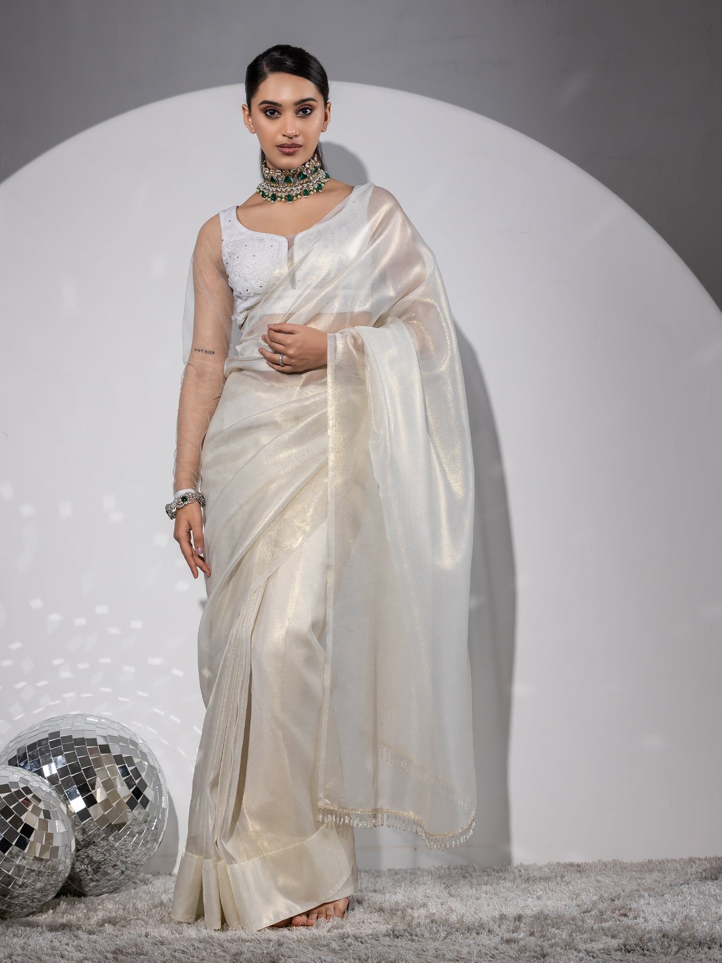 Dhiyona ST Royal Affair White Gold Organza Saree with Embroidered Blouse Fabric