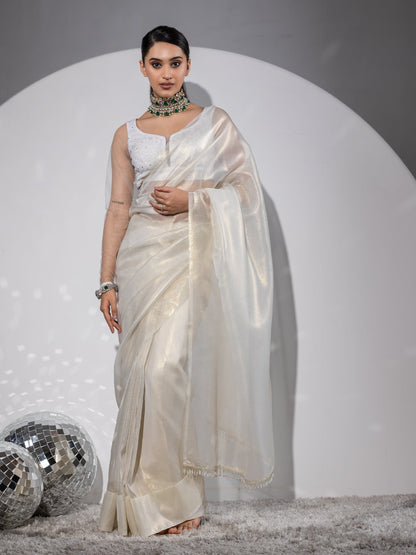 Dhiyona ST Royal Affair White Gold Organza Saree with Embroidered Blouse Fabric