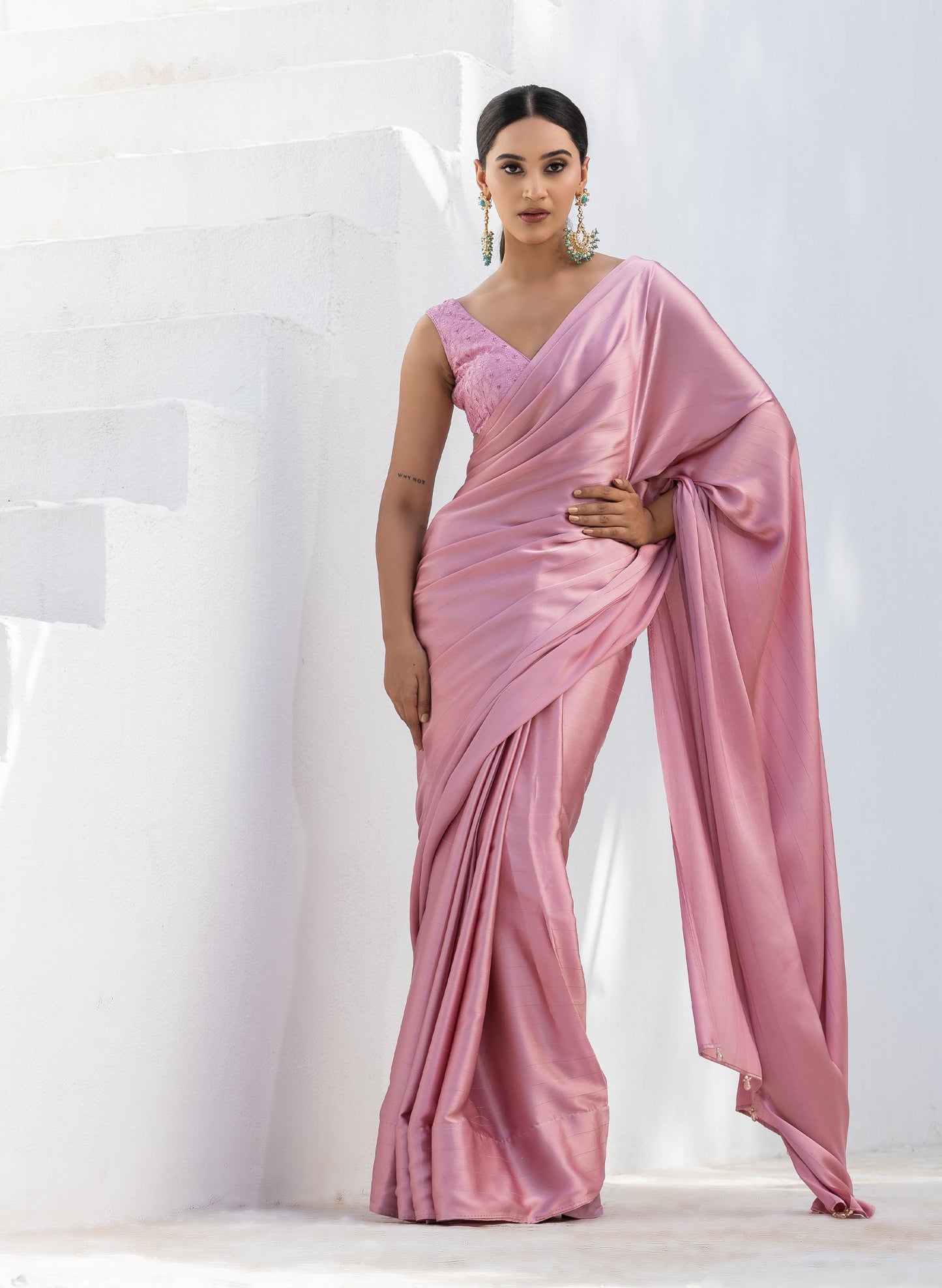 Dhiyona ST Cherry Blossom Pink Stripe Satin Saree with Embroidery Blouse fabric