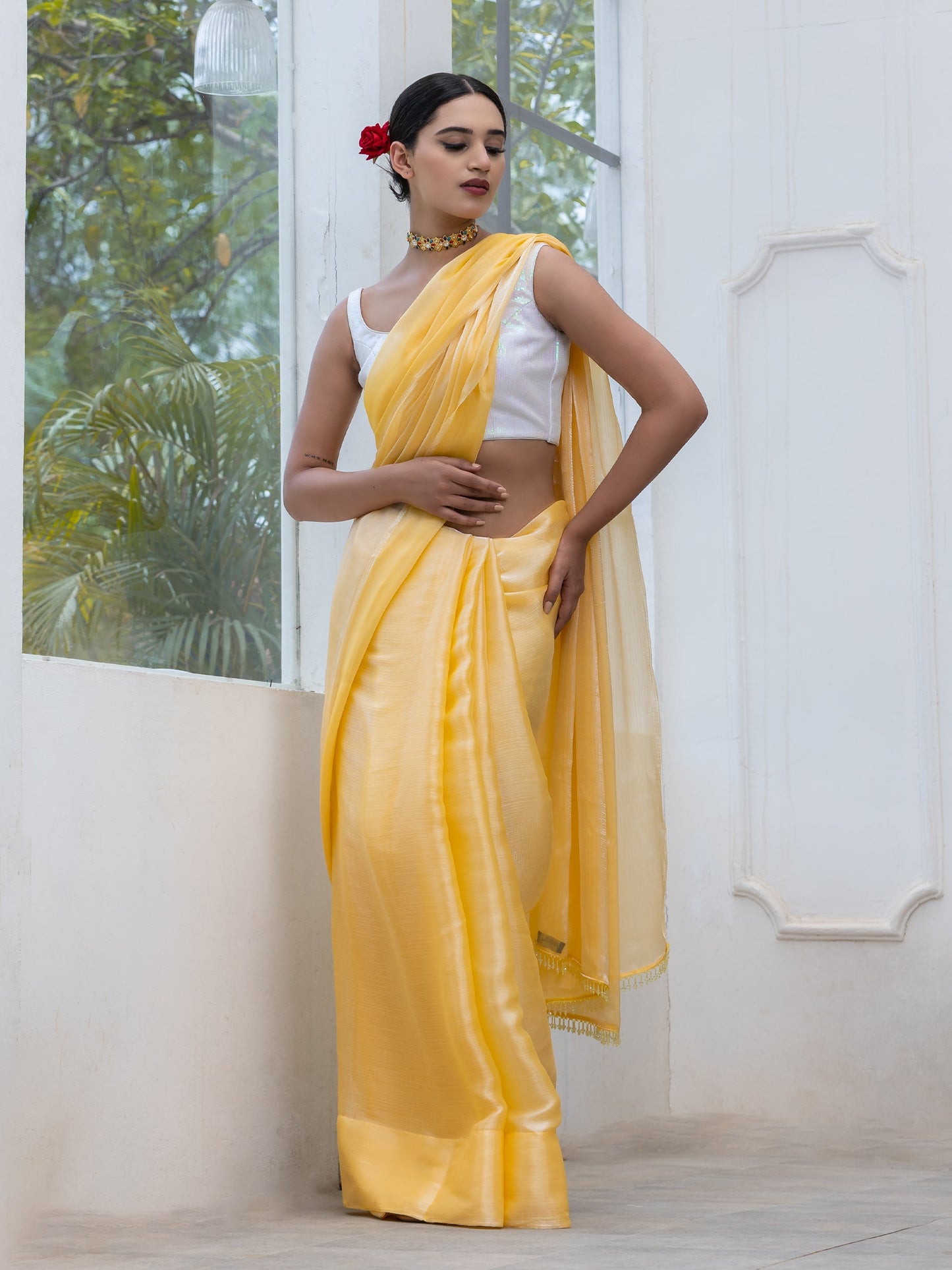 Dhiyona ST Lemon Fizz Chiffon Organza Saree with Lace and Blouse fabric