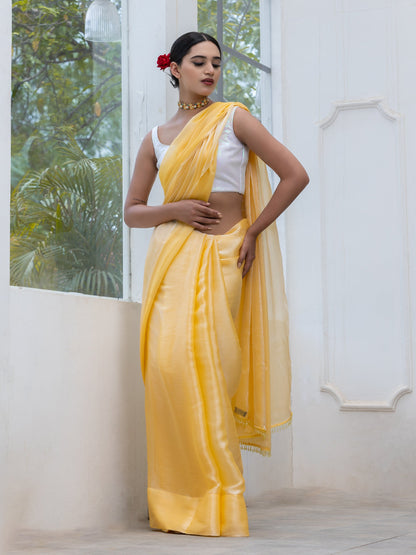 Dhiyona ST Lemon Fizz Chiffon Organza Saree with Lace and Blouse fabric