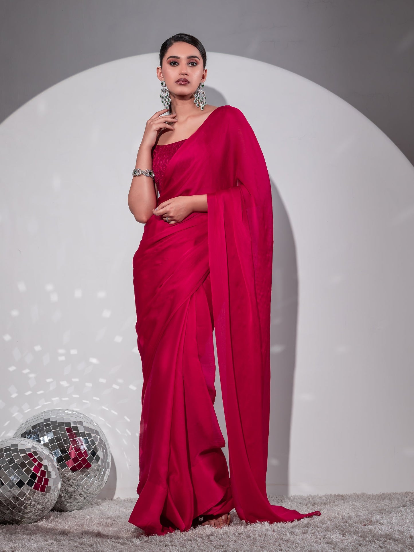 Dhiyona ST Romantic Crimson Butter Chiffon Saree with Embroidered Blouse Fabric