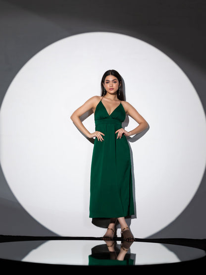 Dhiyona ST Women's Metal Strap Korean Emerald Dress Set with Satin Organza Cape 2 Piece Set | A-Line, V Neck, Sleeveless, Partywear, (Satin Organza)