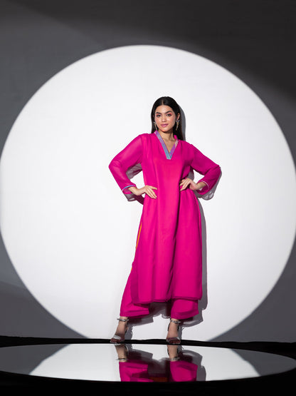 Dhiyona ST Women's Pink & Yellow Surprise Georgette Kurta Set with Contrast Inner Lining and Pants 2 Piece Set | A-Line, V Neck, Full Sleeves, Pants, Work wear, Festive Wear, (Georgette)