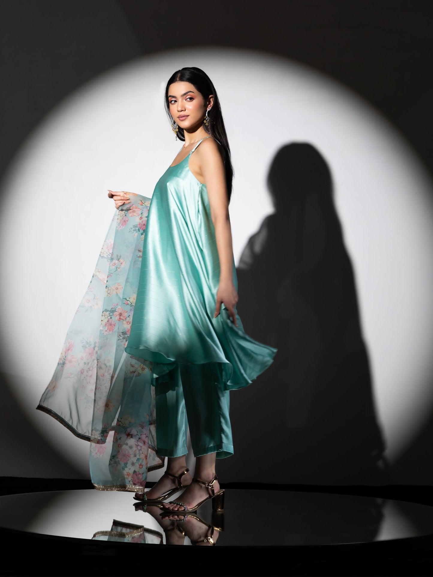 Dhiyona ST Women's Mint Stripe Satin Dress Set with Pants and Organza Printed Dupatta with Lace 3 Piece Set | Straight Fit, Round Neck, Sleeveless, Pants, Partywear, (Satin Organza)