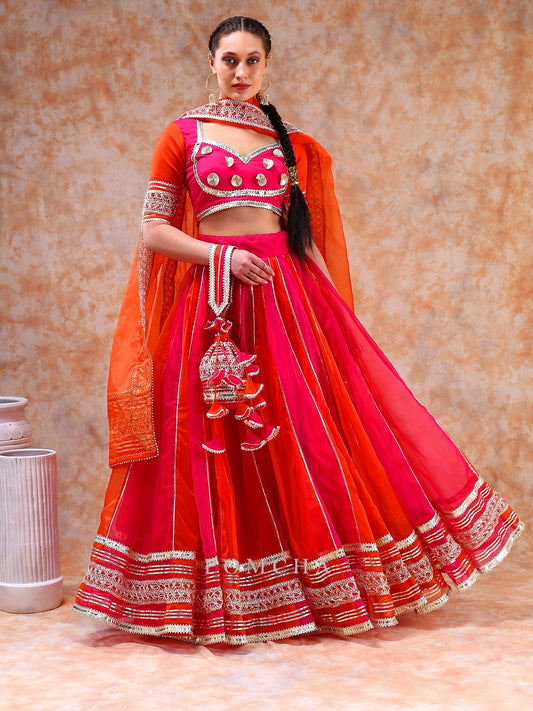 Dil Kash Orange Pink Double Shade Organza  Lehenga With Lace Work