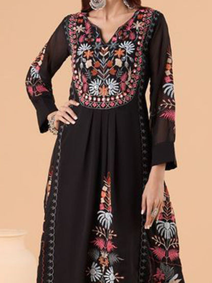 Dhiyona KL Floral Embroidered Notched Neck Thread Work Straight Kurta With Palazzos & Dupatta