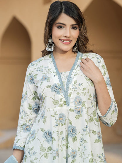 Dhiyona KL Floral Printed V-Neck Thread Work Pure Cotton Empire Kurta with Trousers & Dupatta