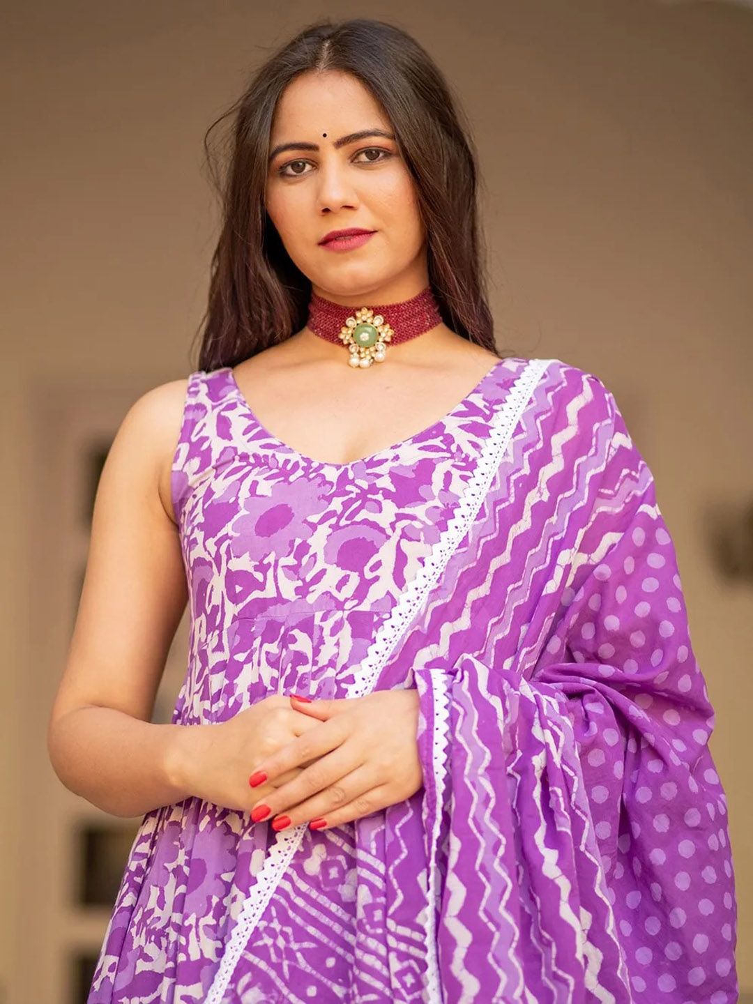 Dhiyona KL Floral Printed Empire Anarkali Kurta with Trousers & Dupatta