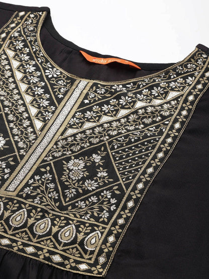 Dhiyona IE Women Black Ethnic Motifs Yoke Design Kurta with Sharara & Dupatta