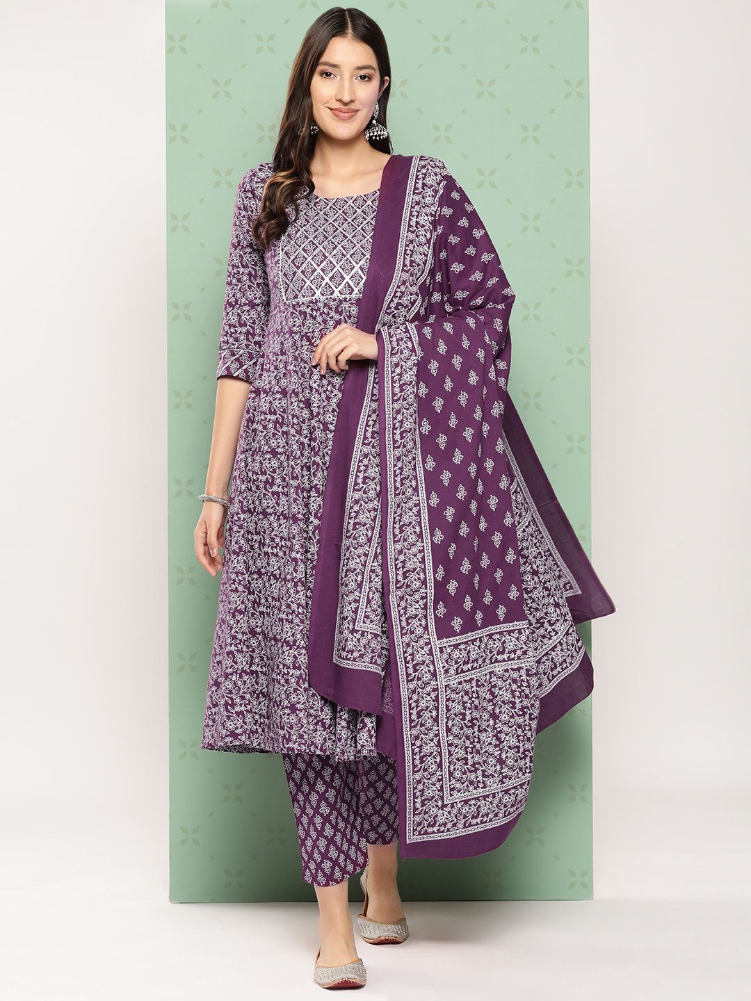 Dhiyona KL Women Ethnic Motifs Printed Empire Gotta Patti Kurta with Trousers & With Dupatta