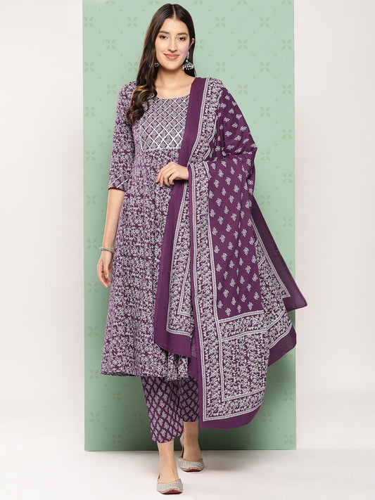 Dhiyona KL Women Ethnic Motifs Printed Empire Gotta Patti Kurta with Trousers & With Dupatta