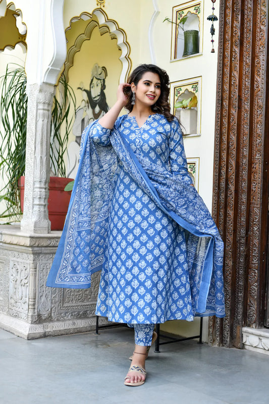 Women Dark Blue, White Printed Viscose Rayon Kurta, Pant And Dupatta Set