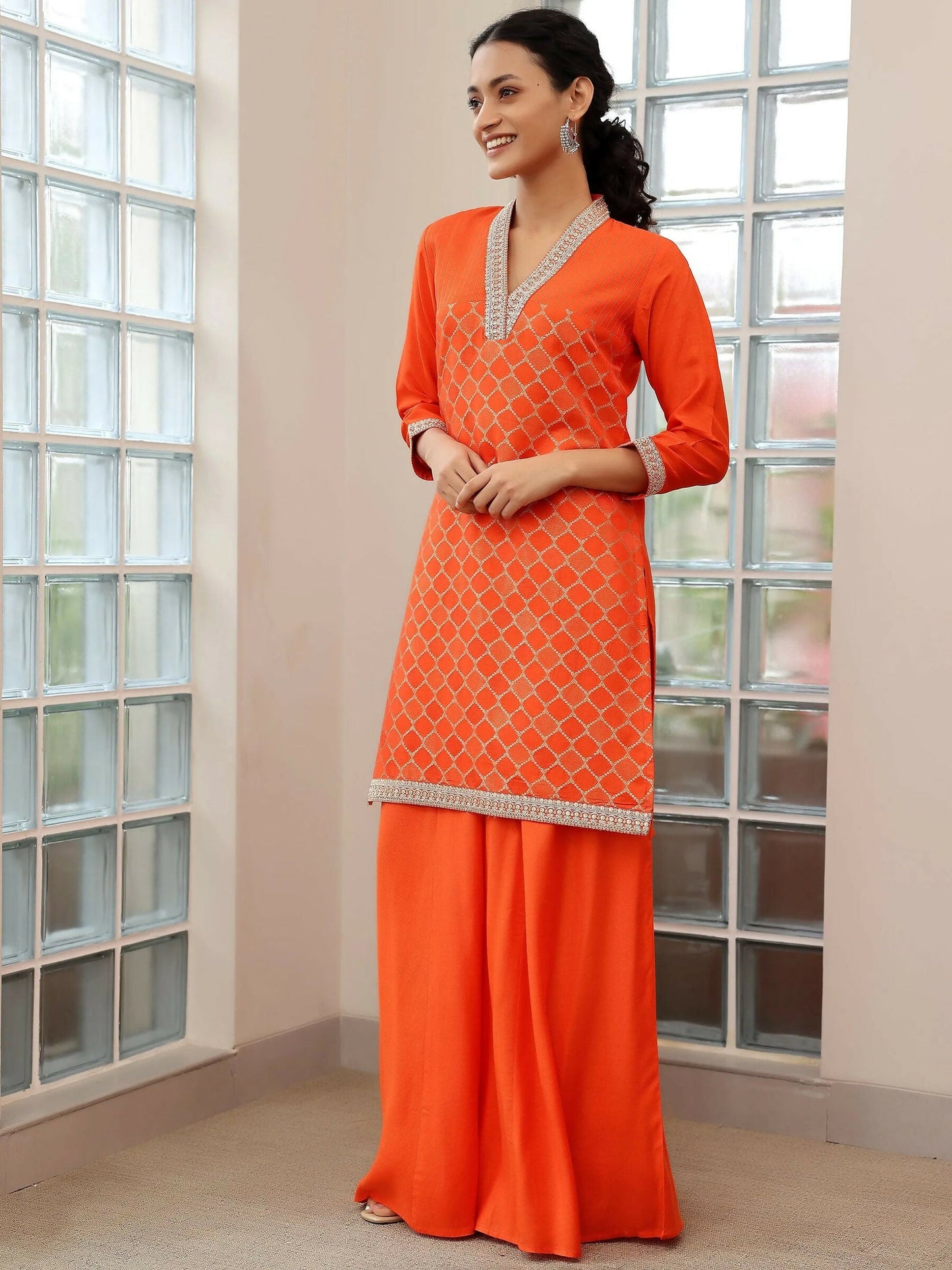 Women's LB Orange Woven Design Silk Blend Straight Suit With Dupatta