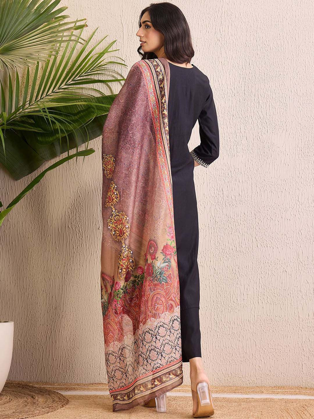 Women Ethnic Motifs Embroidered Regular Liva Kurta with Trousers & With Dupatta