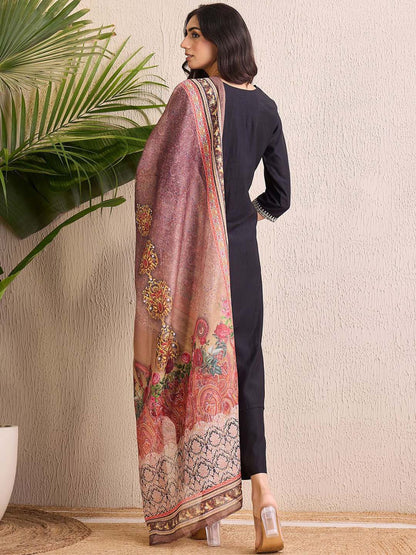Women Ethnic Motifs Embroidered Regular Liva Kurta with Trousers & With Dupatta