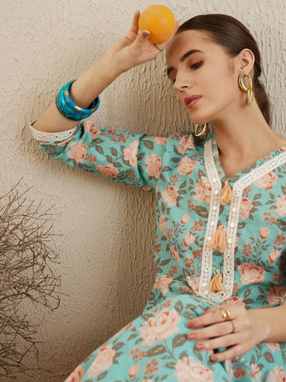 Dhiyona IE Floral Printed Mirror Work Pure Cotton Straight Kurta with Trousers & Dupatta