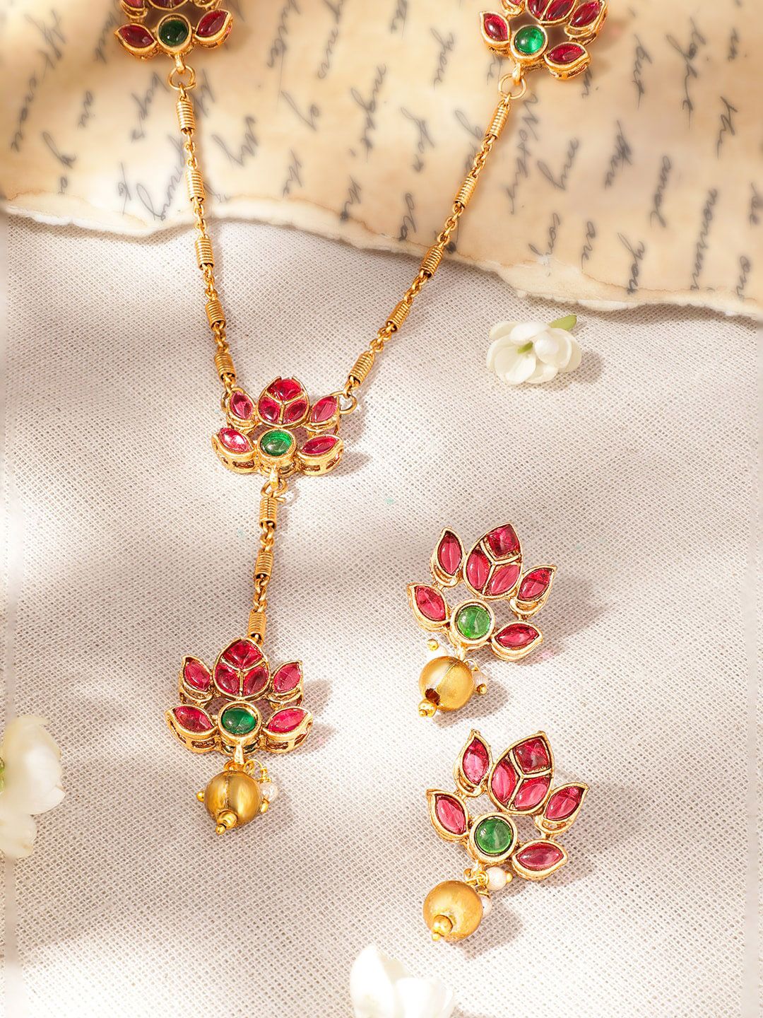 Dhiyona RJ Women's 22K Gold-Plated Lotus Motif Ruby and Emerald Studded Jewellery Set