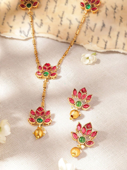 Dhiyona RJ Women's 22K Gold-Plated Lotus Motif Ruby and Emerald Studded Jewellery Set