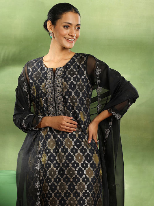 Ethnic Motifs Woven Design Zari Work Organza Straight Kurta With Trouser & Dupatta