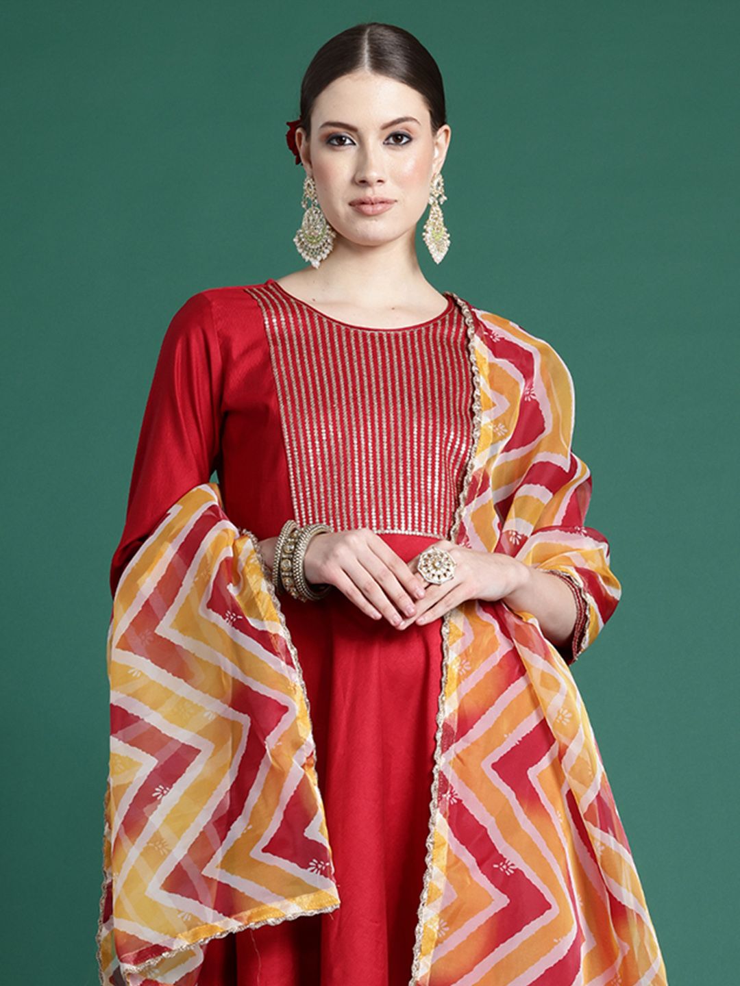 Dhiyona IE Yoke Design Pleated Sequinned Liva Kurta With Trousers & Dupatta