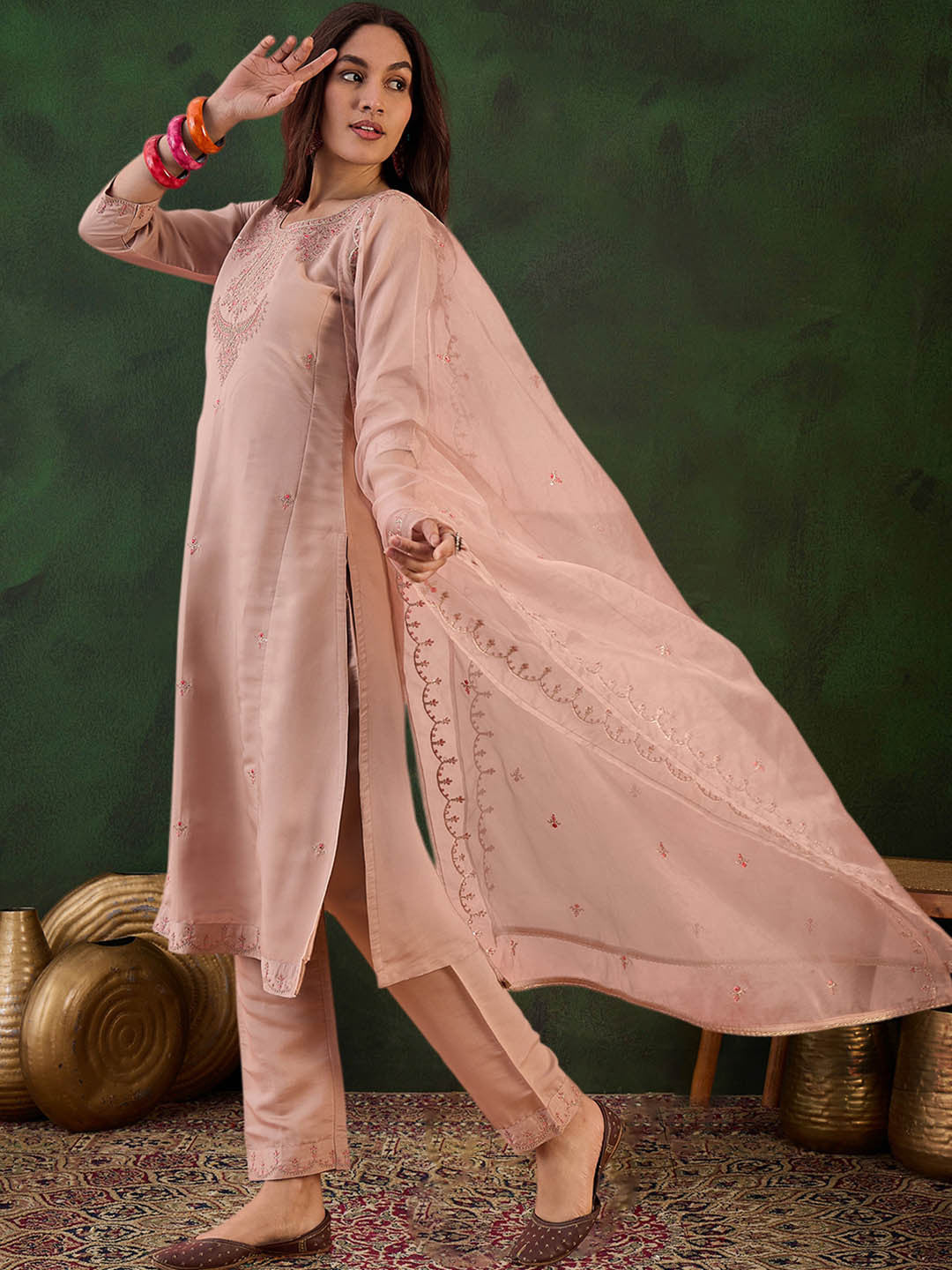 Zari Sequence Embroidered Straight Kurta & Trousers With Dupatta