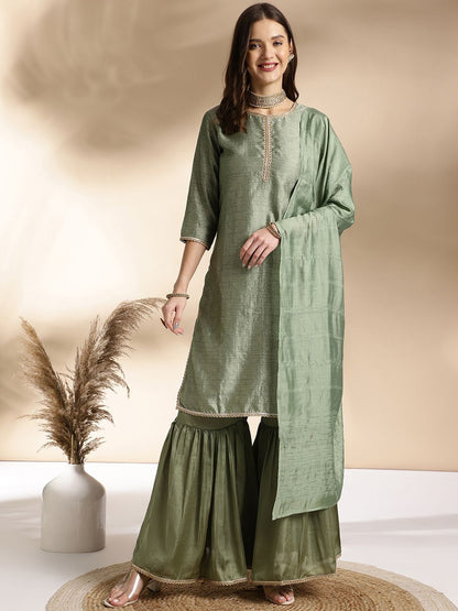 Dhiyona AN Green Ethnic Motifs Printed Straight Pure Silk Kurta With Sharara & Dupatta