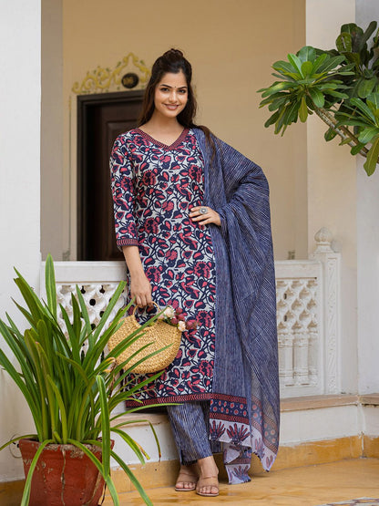 Dhiyona KL Floral Printed V Neck Straight Kurta With Trousers & Dupatta