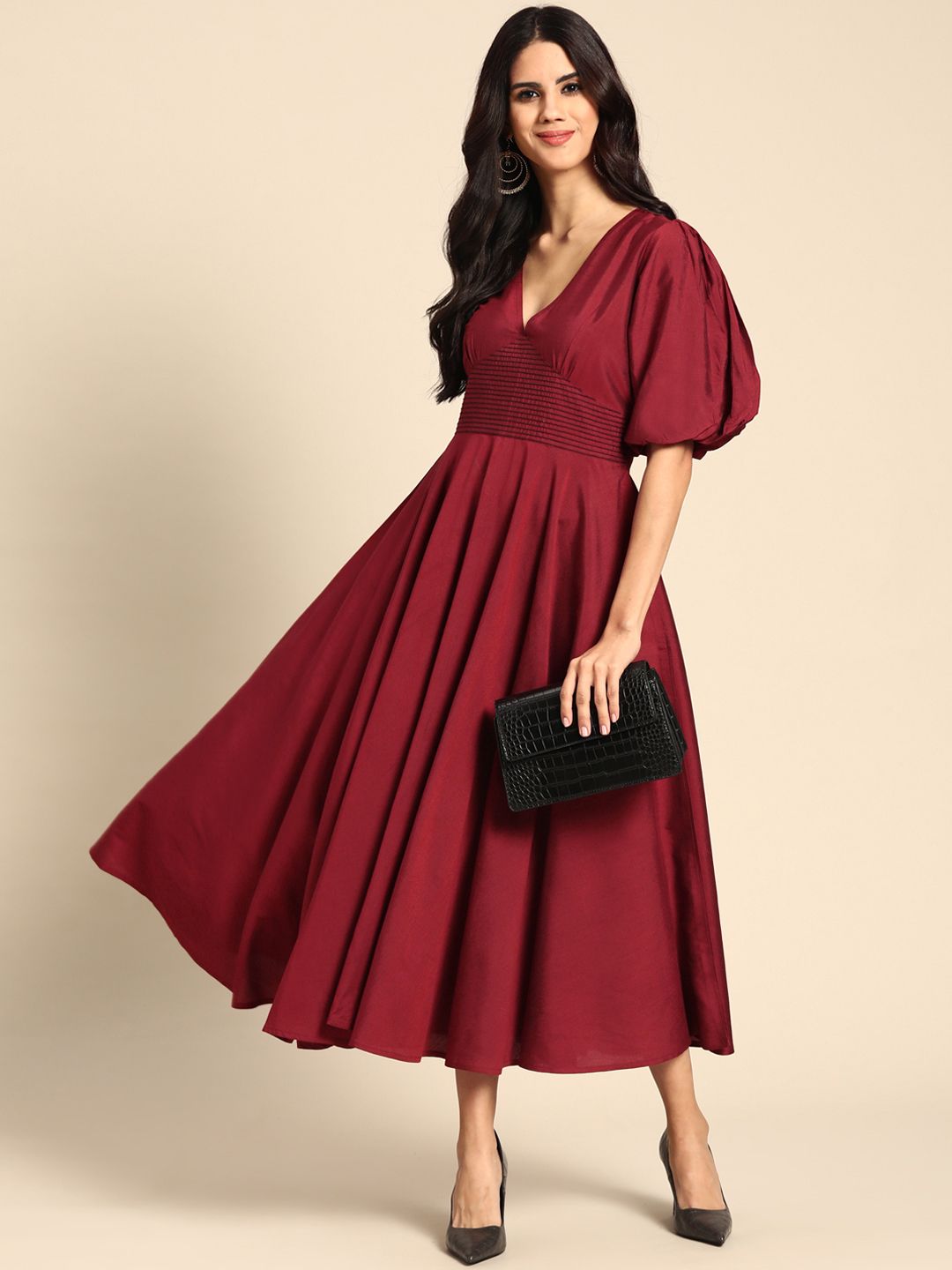Dhiyona AY Women's Maroon Solid Balloon Sleeves Midi Dress