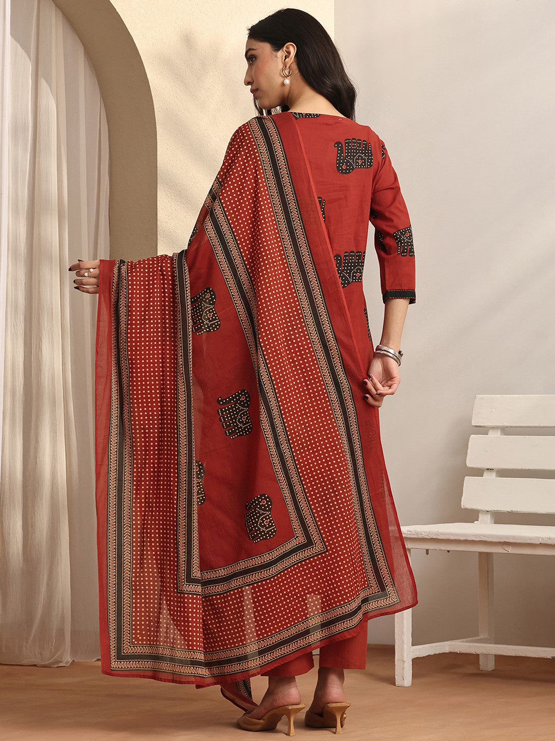 Rust Ethnic Printed Cotton Straight Suit Set with Dupatta