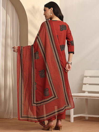 Rust Ethnic Printed Cotton Straight Suit Set with Dupatta