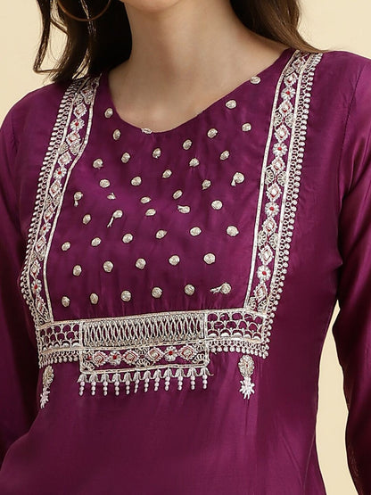 Dhiyona KL Yoke Design Embroidered Chanderi Silk Straight Kurta With Sharara & Dupatta