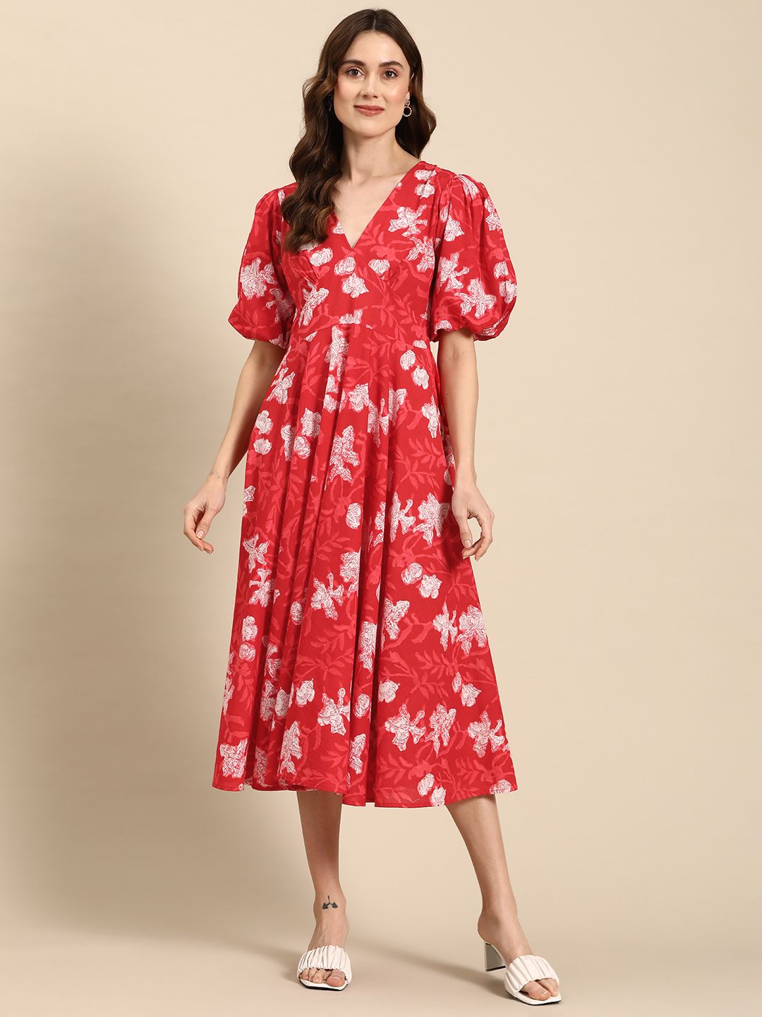 Dhiyona AY Women's Floral Print Puff Sleeves Pure Cotton A-Line Midi Dress