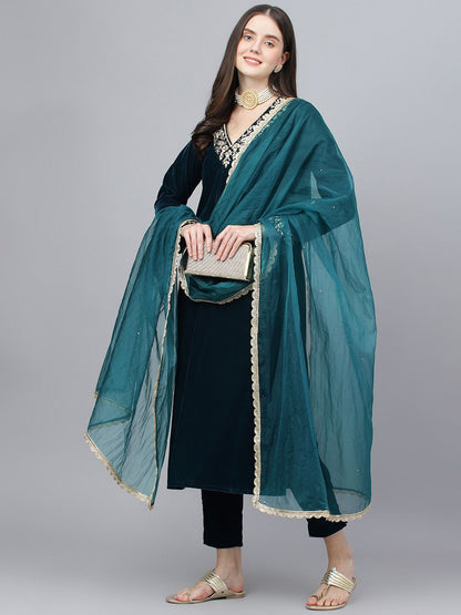 Dhiyona KL Floral Yoke Design Regular Gotta Patti Velvet Kurta With Trousers & Dupatta