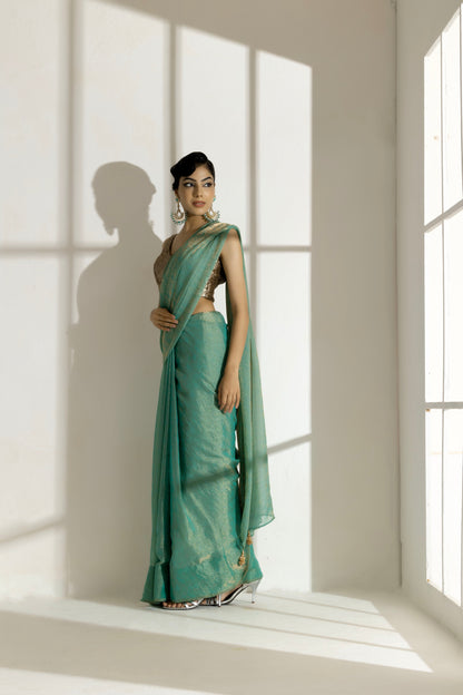 Dhiyona ST Paris Green Paisley Gold Design Chiffon Saree with Beaded Latkan
