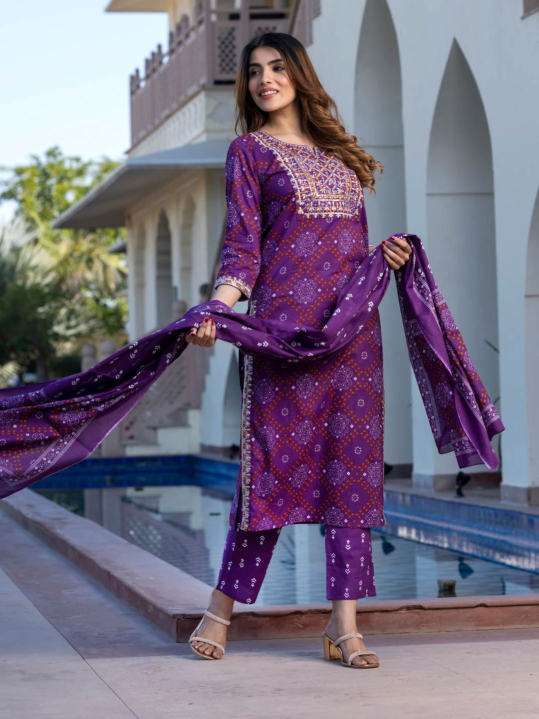 Dhiyona KL Ethnic Motifs Printed Embroidered Pure Cotton Kurta With Trousers & Dupatta