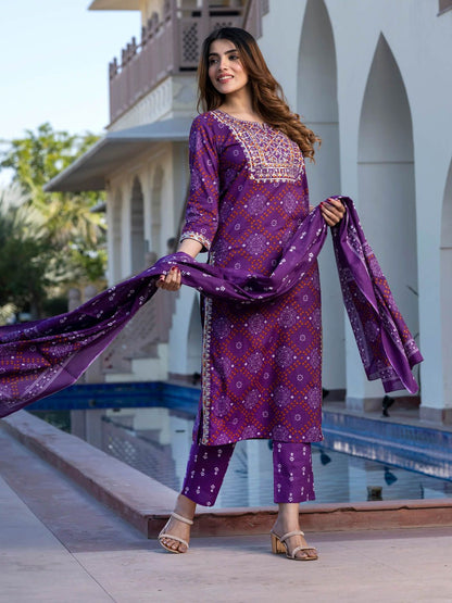 Dhiyona KL Ethnic Motifs Printed Embroidered Pure Cotton Kurta With Trousers & Dupatta