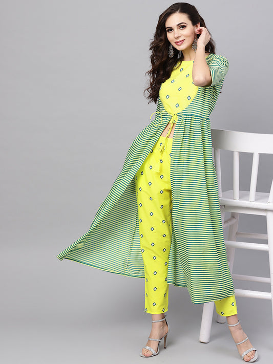 Women Yellow & Green Striped Kurta with Trousers