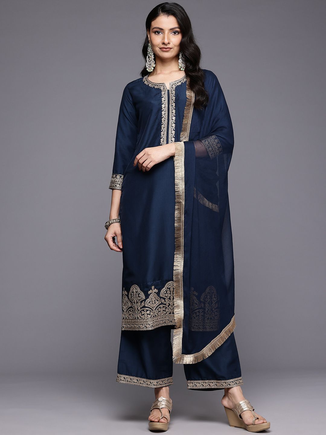 Dhiyona VA Ethnic Motifs Embroidered Zari Kurta With Palazzos & Dupatta