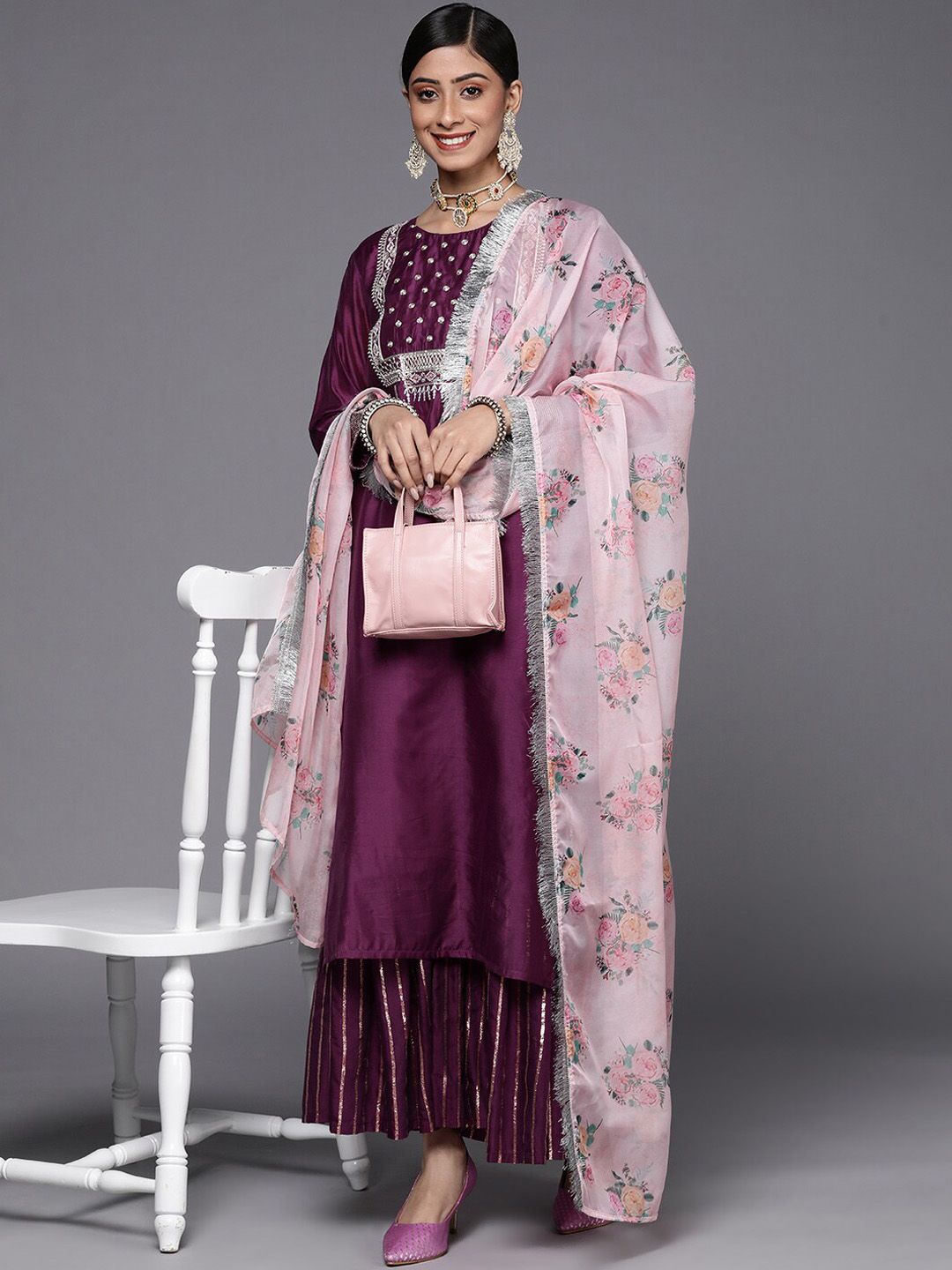 Dhiyona KL Ethnic Motifs Yoke Design Zari Chanderi Silk Kurta with Sharara & Dupatta