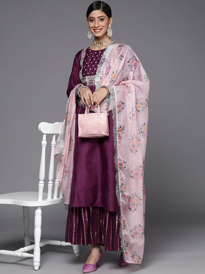 Dhiyona KL Ethnic Motifs Yoke Design Zari Chanderi Silk Kurta with Sharara & Dupatta